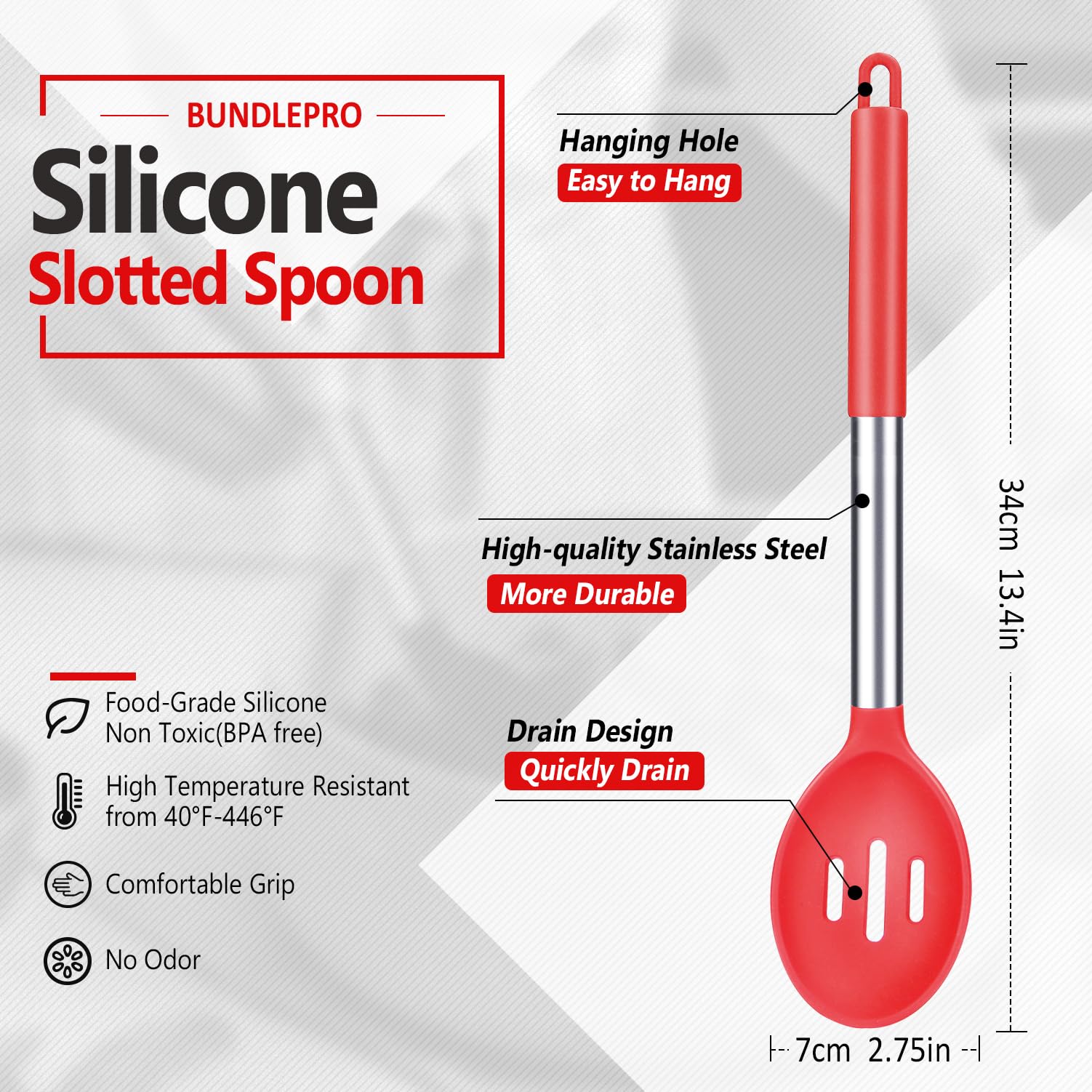 Bundlepro silicone slotted spoon high-heat resistant and BPA-free for non-stick cookware.