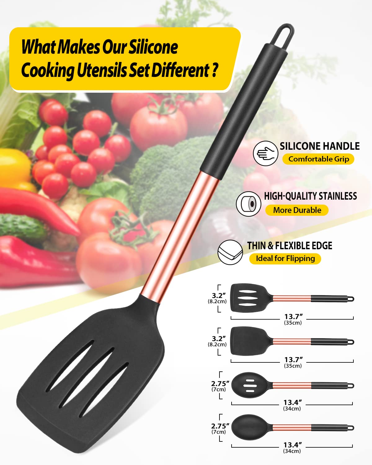 BundlePRO silicone slotted spoon in rose gold and black for draining excess liquid.