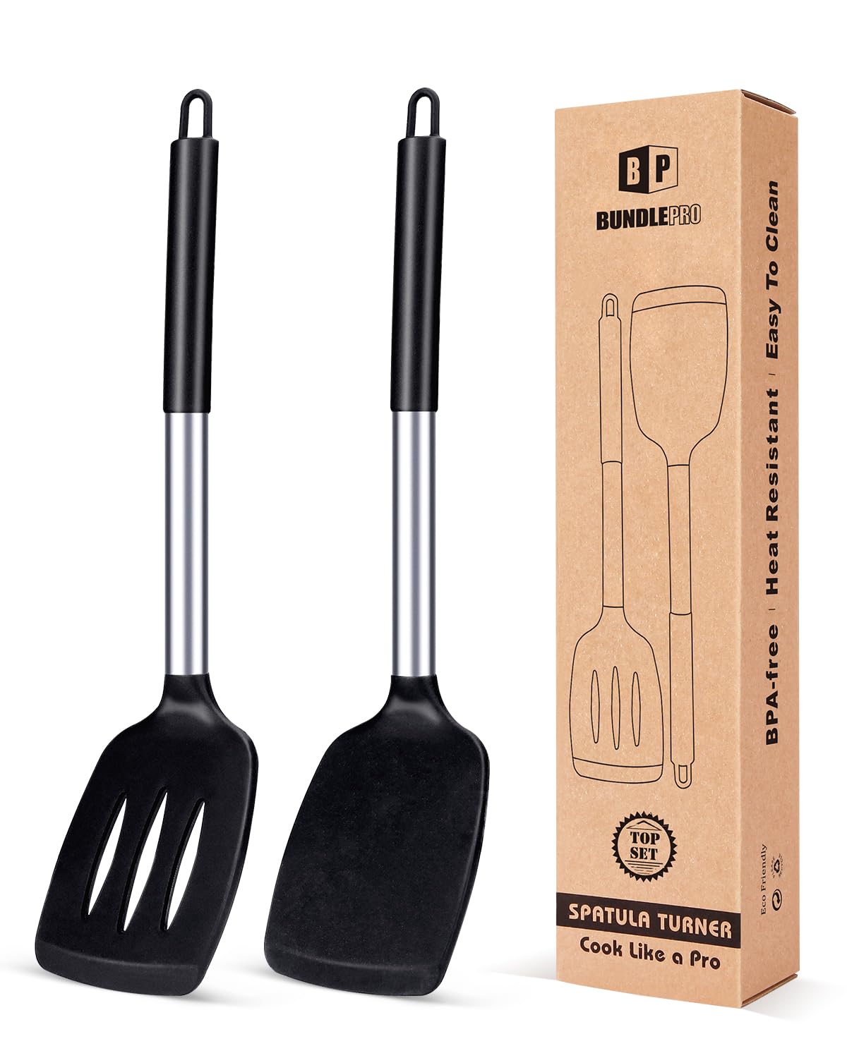BundlePro silicone solid turner in black, heat-resistant for gentle flipping without scratching cookware.
