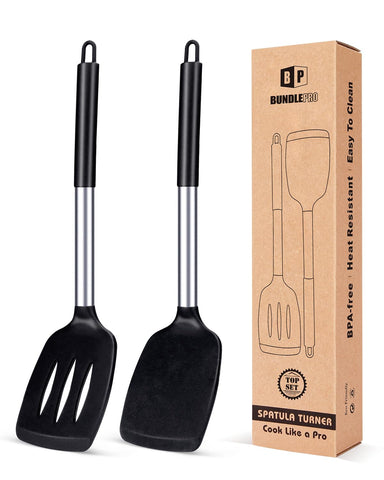BundlePro silicone solid turner in black, heat-resistant for gentle flipping without scratching cookware.