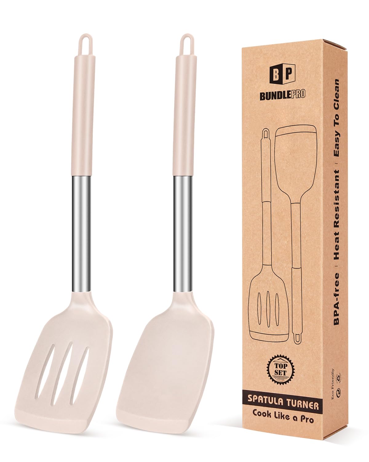 BUNDLEPRO silicone solid turner khaki two-pack protects nonstick pans while flipping.