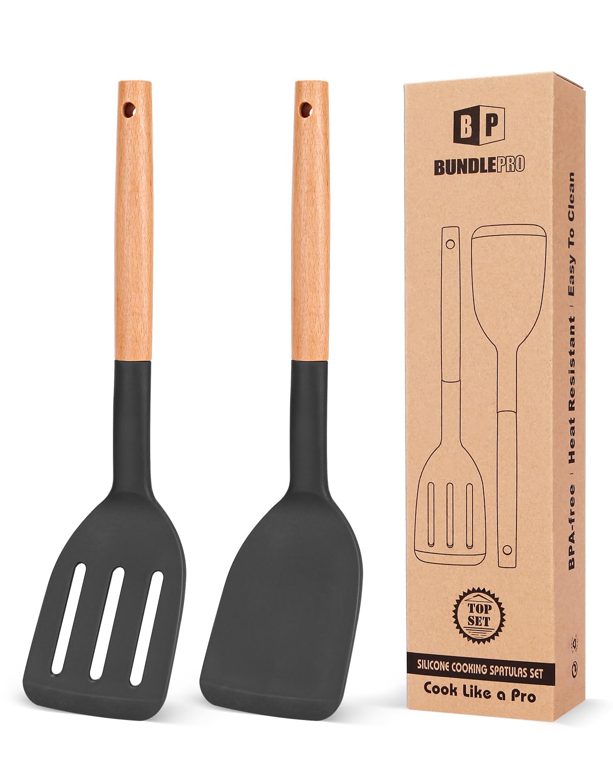 Bundlepro silicone spatula with wooden handle, ideal for non-stick pans.
