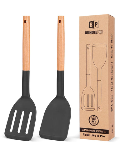 Bundlepro silicone spatula with wooden handle, ideal for non-stick pans.