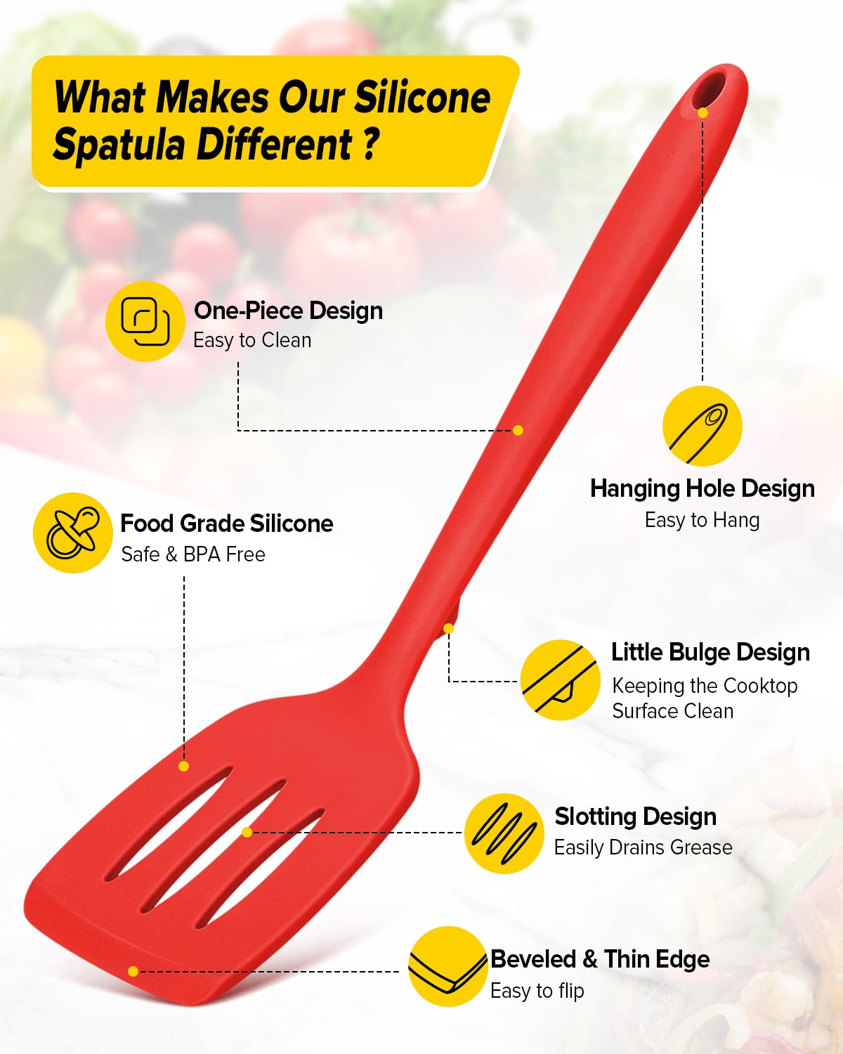 BUNDLEPRO red slotted silicone spatula drains fats while turning foods.