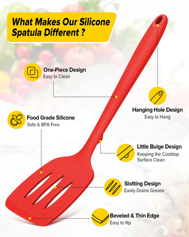 BUNDLEPRO red slotted silicone spatula drains fats while turning foods.