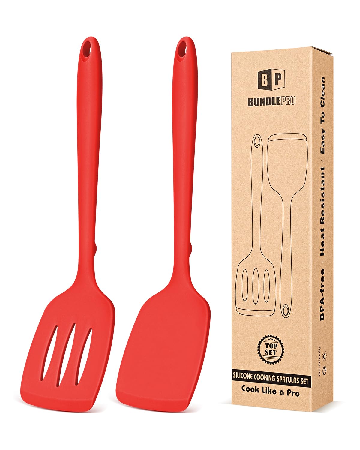 BUNDLEPRO solid red silicone spatula for gentle flipping without scratching nonstick surfaces.
