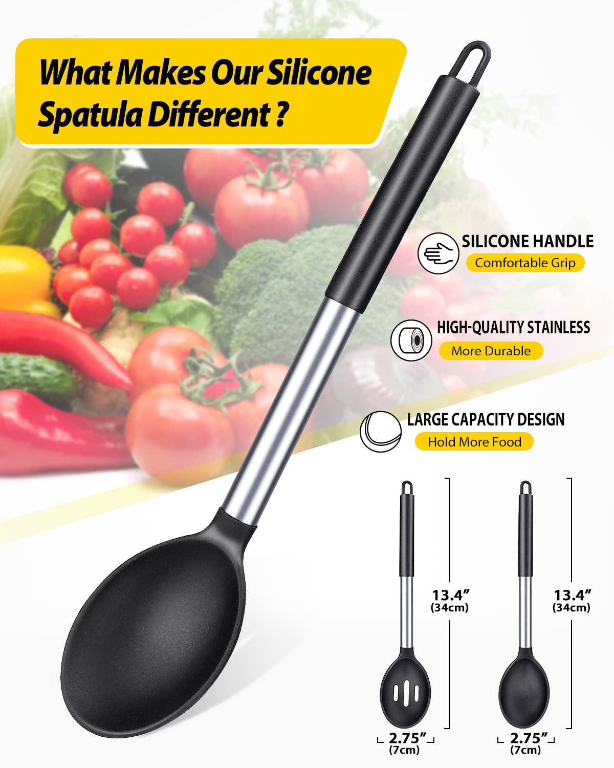 BundlePro silicone spoon close-up head shows non-stick surface for gentle pot protection.