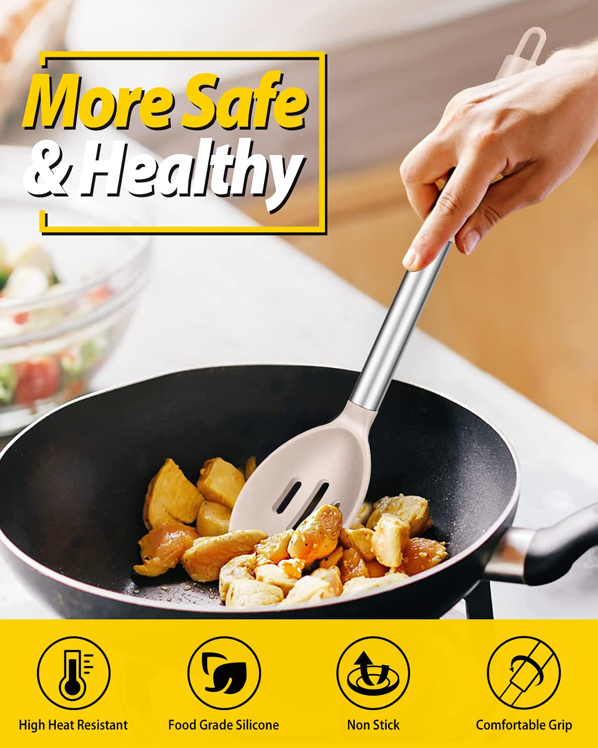 BUNDLEPRO silicone spoon with slotted draining function for quick separation.