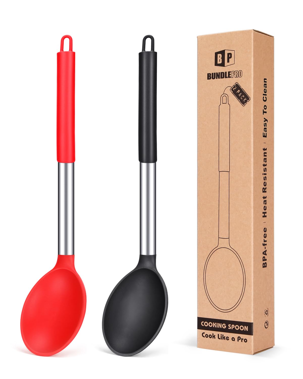 BUNDLEPRO large silicone cooking spoon with non-stick head for safe stirring