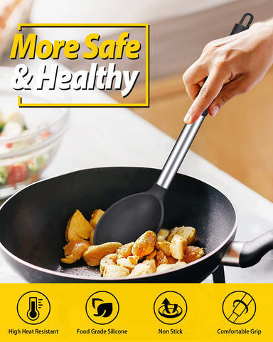 Silicone spoon head glides through sauce without scratching nonstick cookware