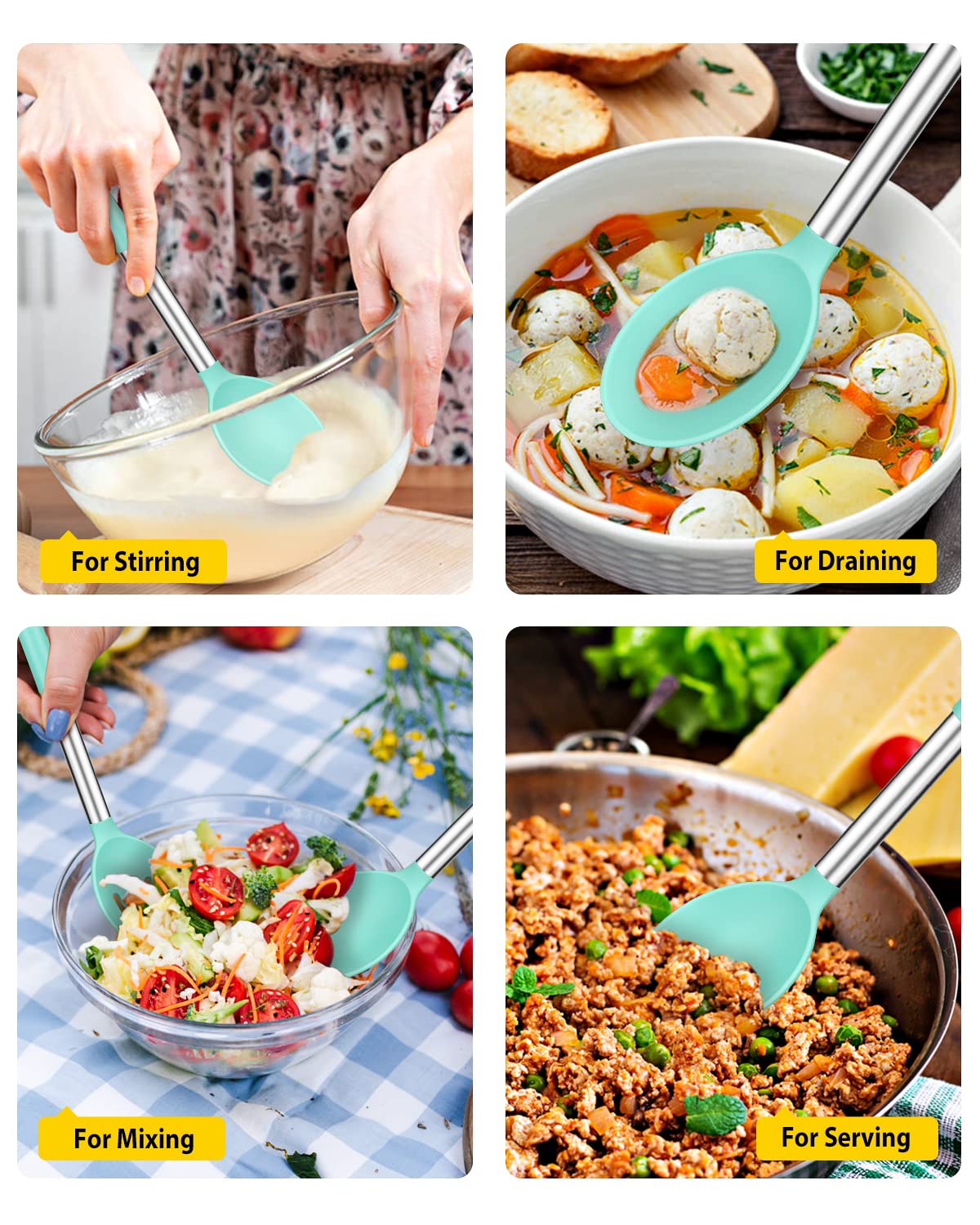 BUNDLEPRO silicone spoon with nonstick-safe head protects pans during cooking