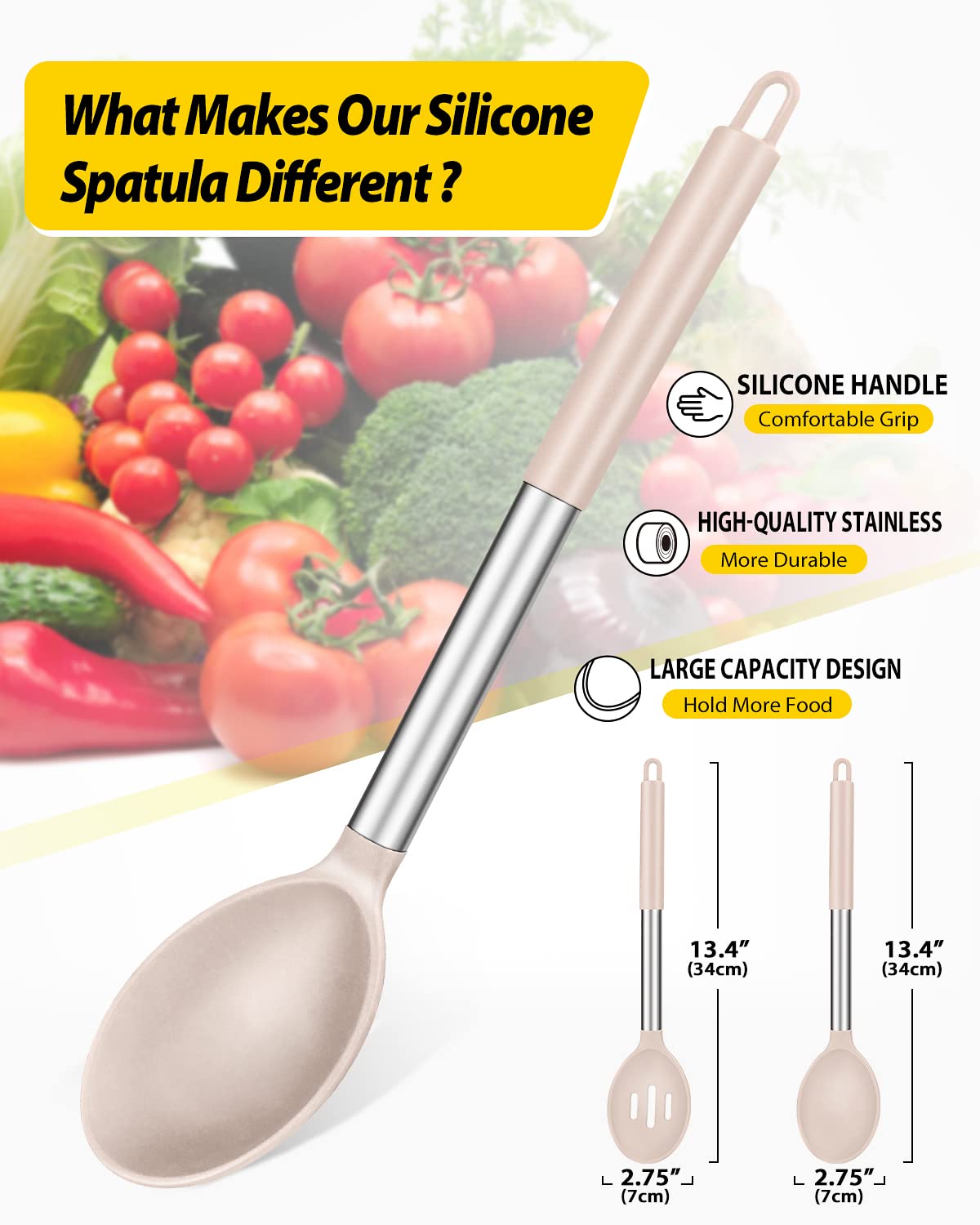BUNDLEPRO silicone spoon with soft head protects nonstick pots.
