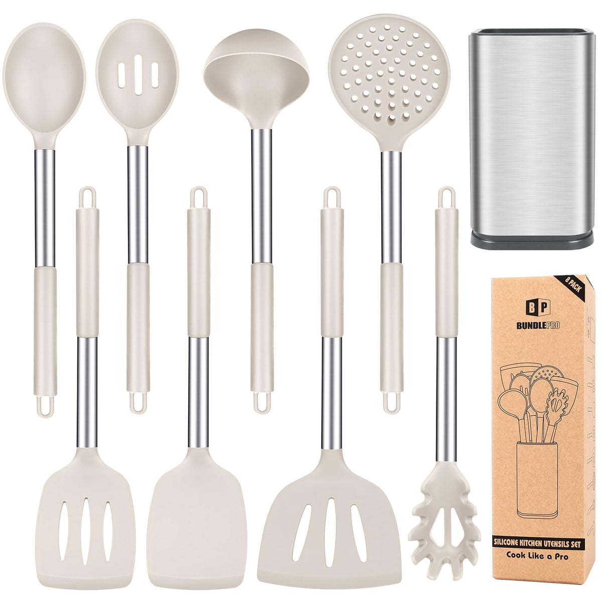 BundlePro khaki silicone spatula protects nonstick pans and spreads sauces smoothly.