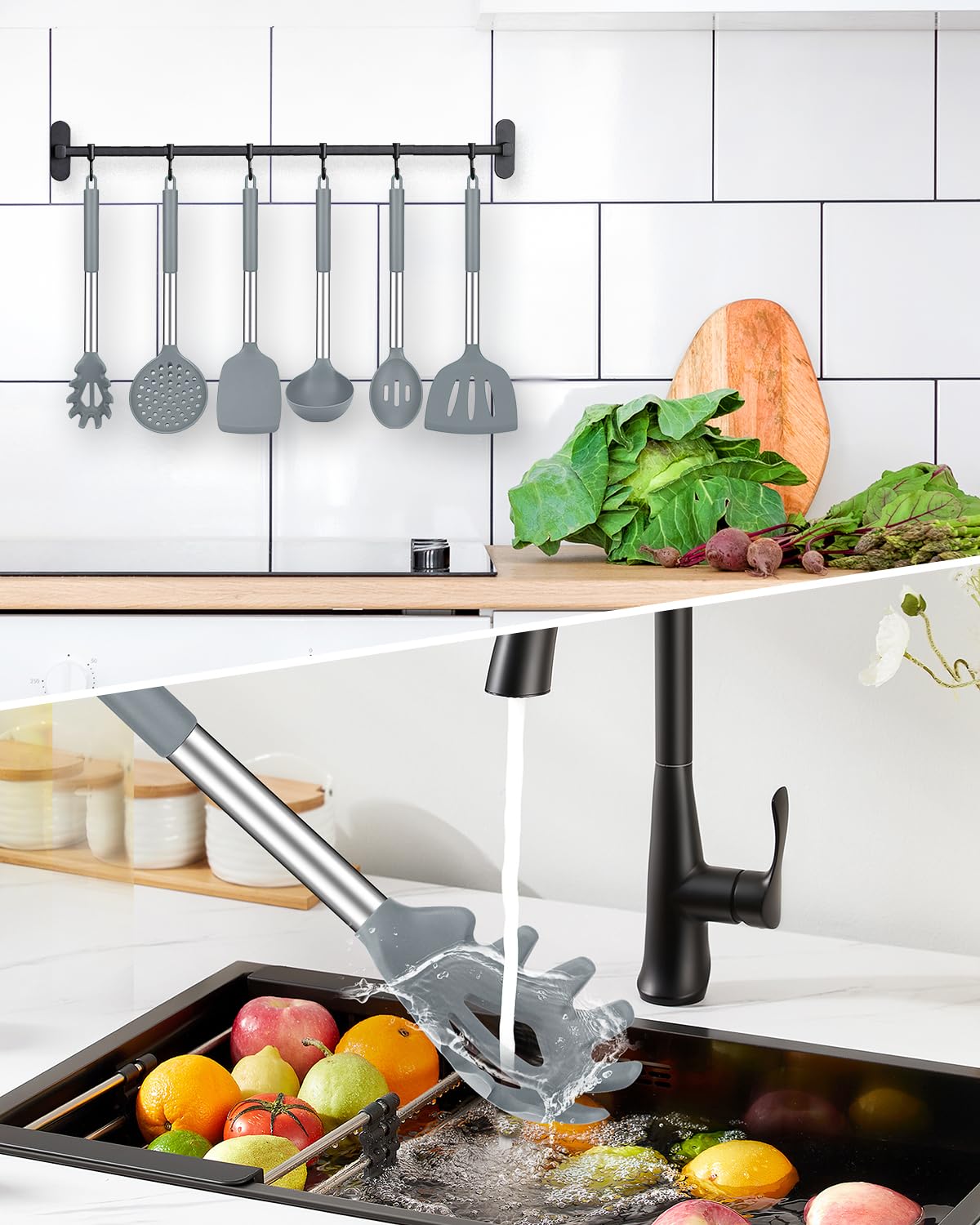 Bundlepro gray pasta fork grips noodles cleanly with sawtooth tips.