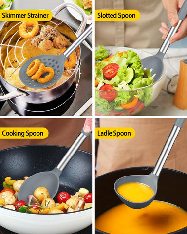 Bundlepro gray skimmer drains liquids quickly while cooking.