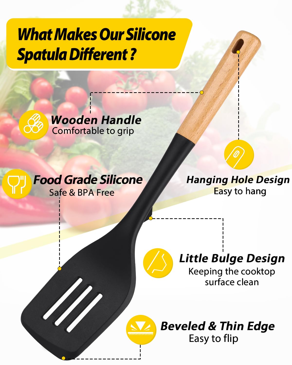 BundlePro solid turner silicone spatula with wooden handle, ideal for eggs and pancakes without scratching.