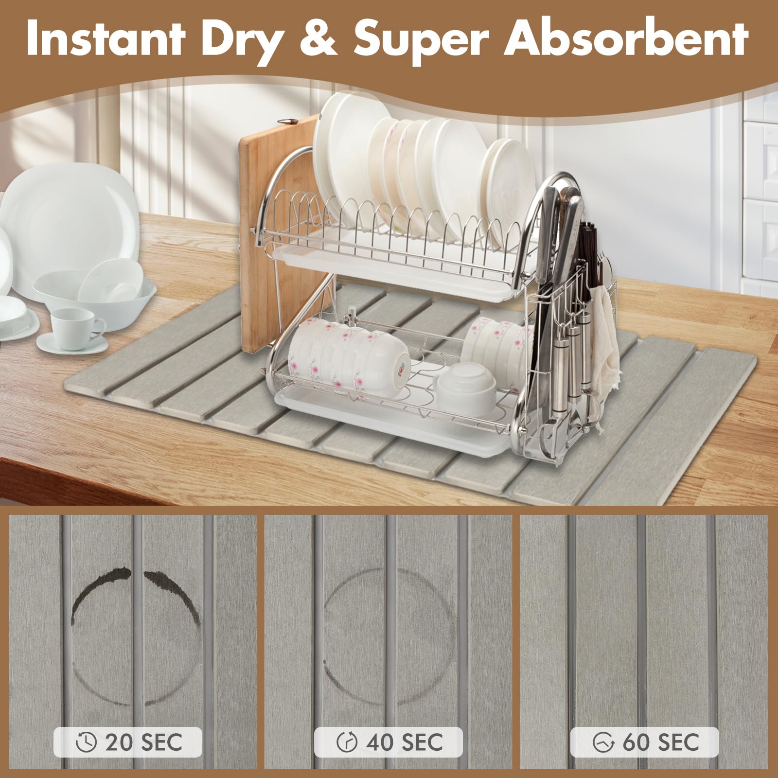 Bunmery stone drying mat with anti-slip pad on kitchen counter.