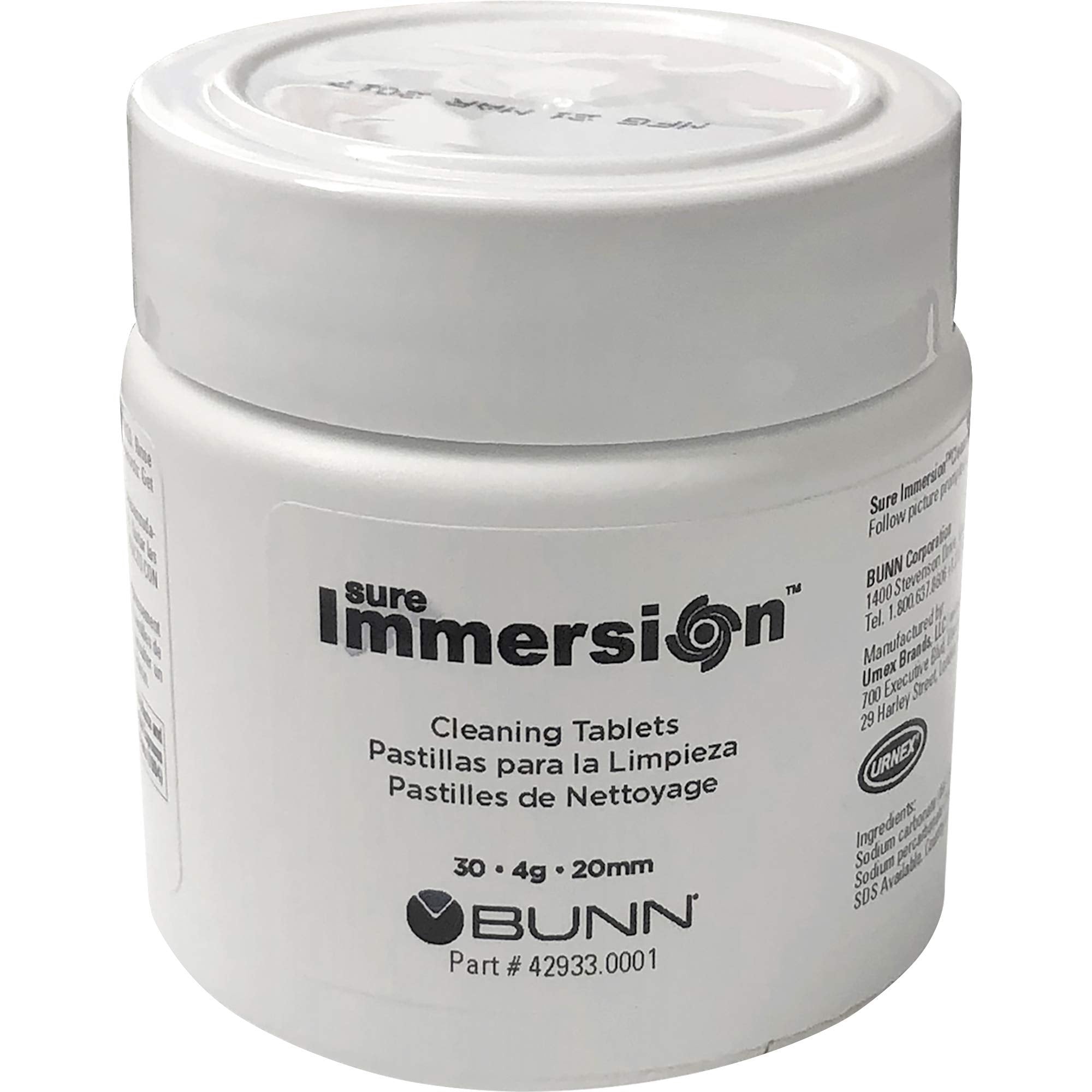 Bunn Sure Immersion cleaning tablet jar during cycle maintains clean coffee paths