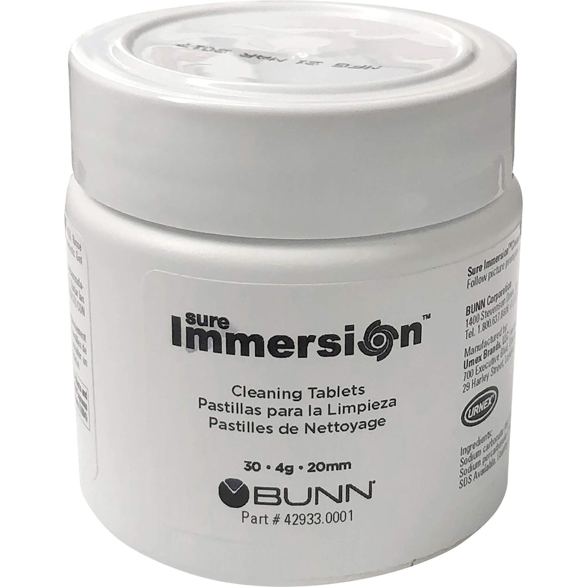 Bunn Sure Immersion cleaning tablet jar during cycle maintains clean coffee paths