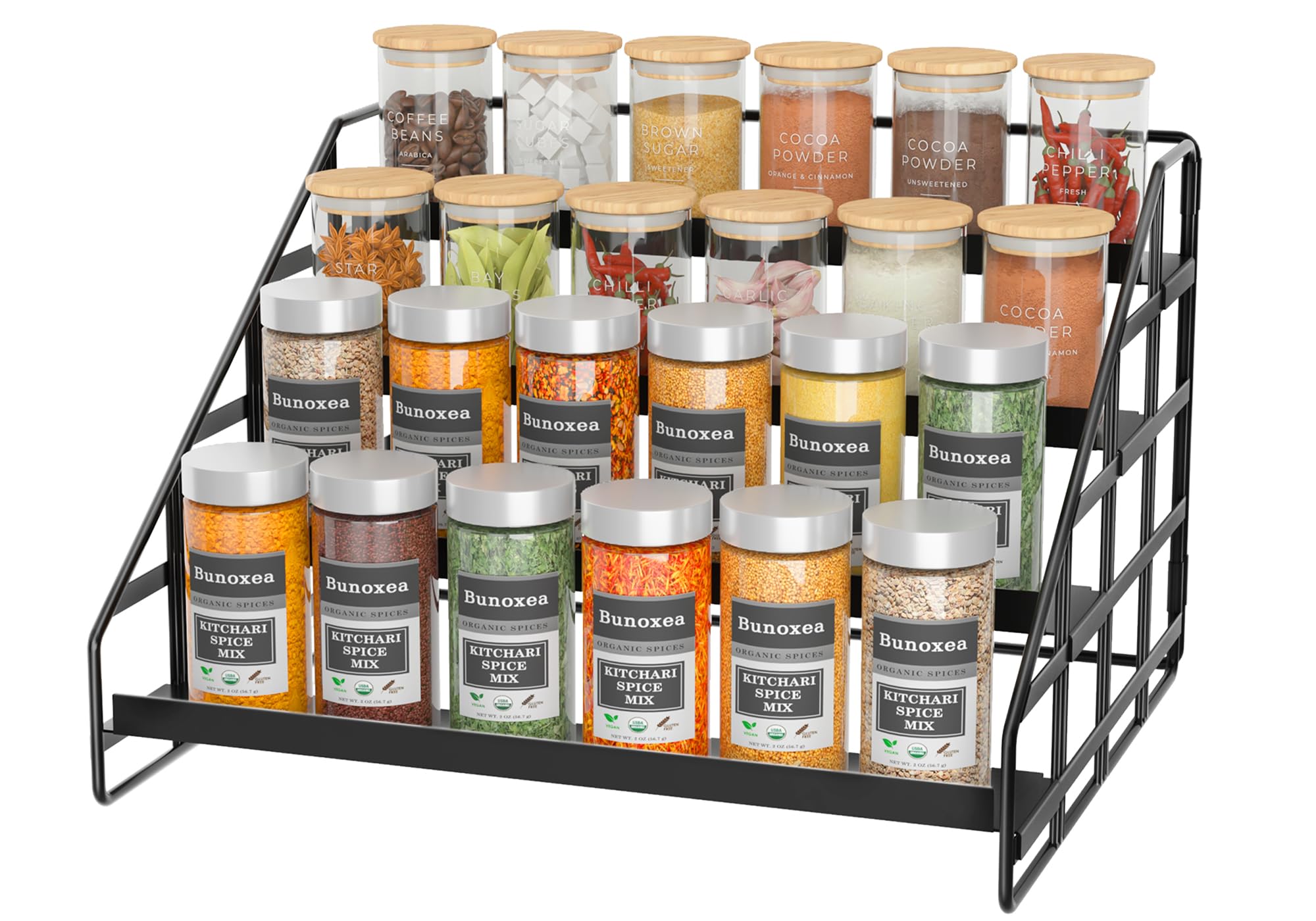 Bunoxea Spice Rack with 4-tier depth-adjustable shelves offering versatile spice storage