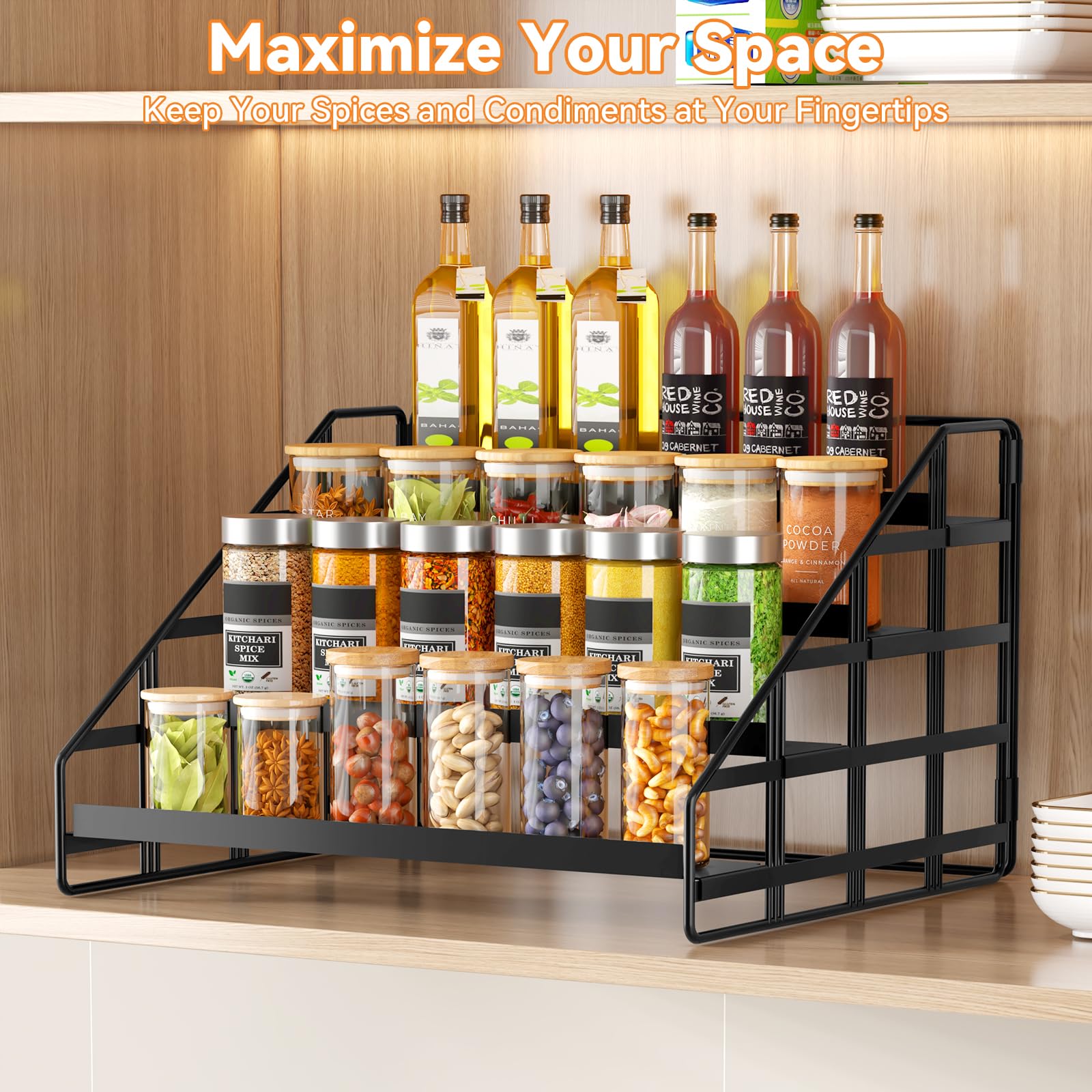 Bunoxea Spice Rack features anti-fall guardrails to keep bottles steady while cooking