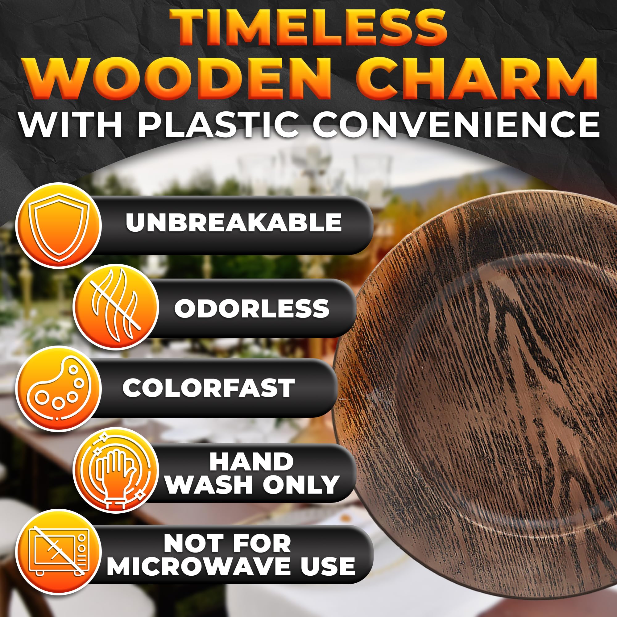 BURIUS charger close-up, wood texture emphasizes warm rustic vibe for holiday dining