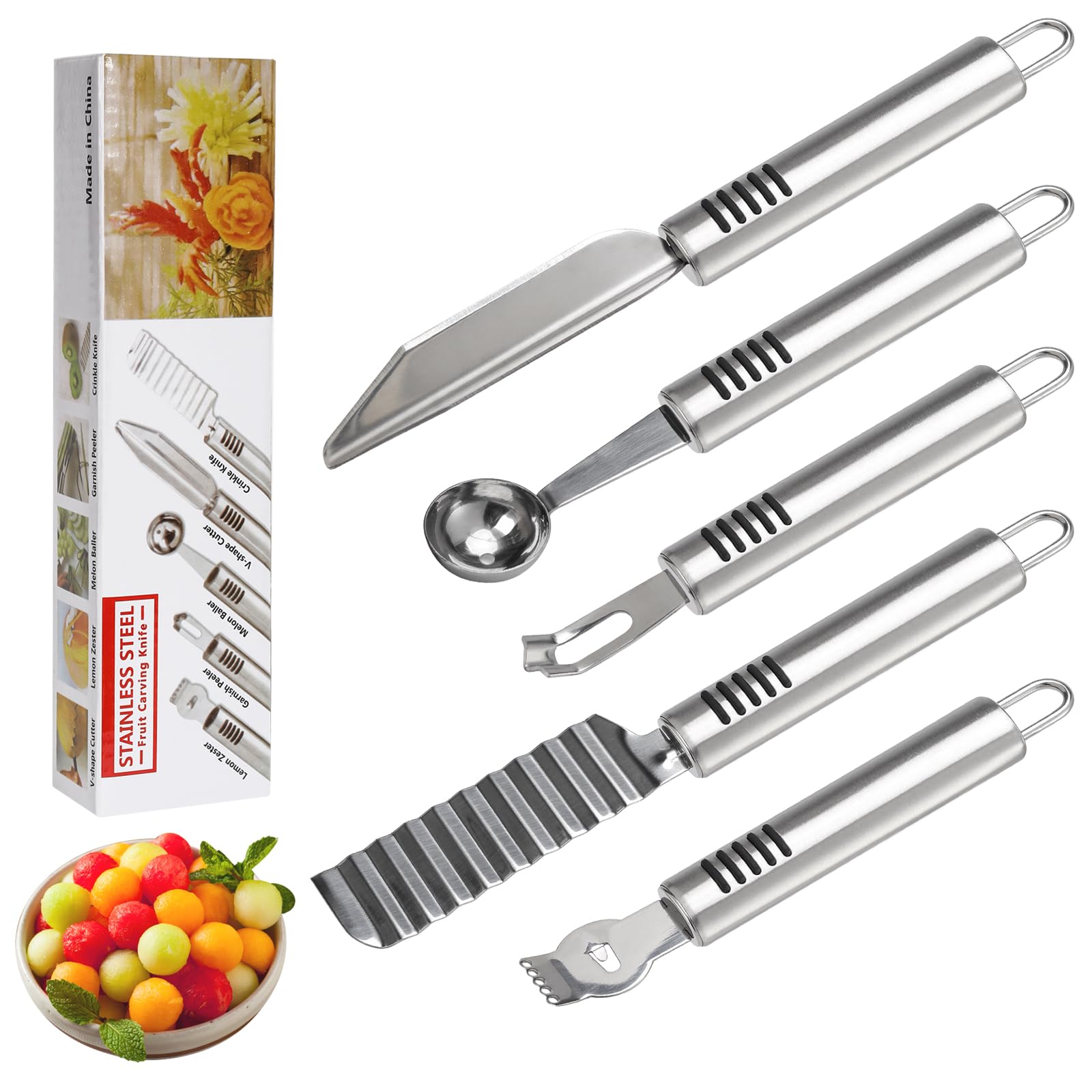 BURLIHOME stainless steel fruit carving knife set package for elegant fruit displays.