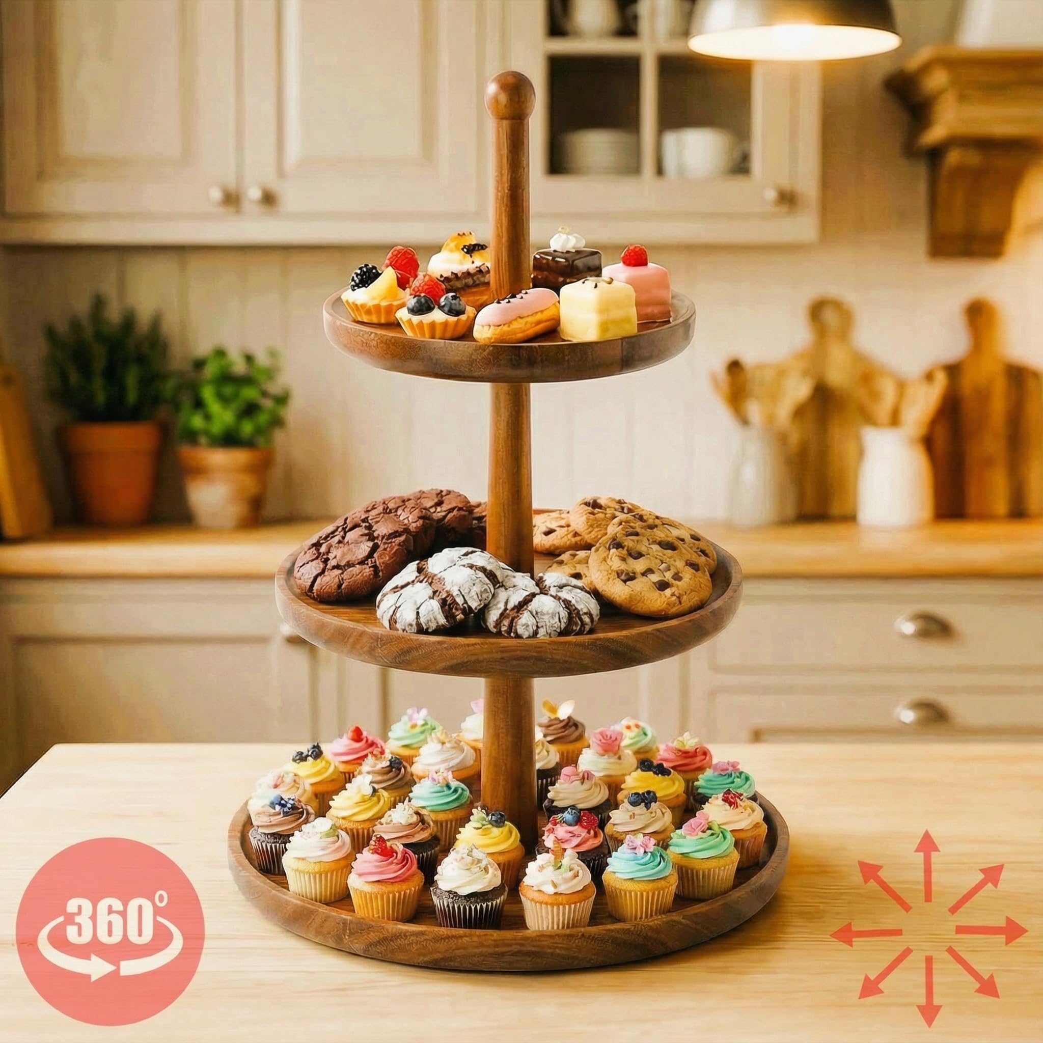 BURMAN 3-tier wooden dessert stand displays desserts with natural acacia grain.