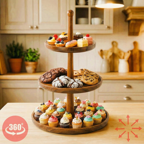 BURMAN 3-tier wooden dessert stand displays desserts with natural acacia grain.