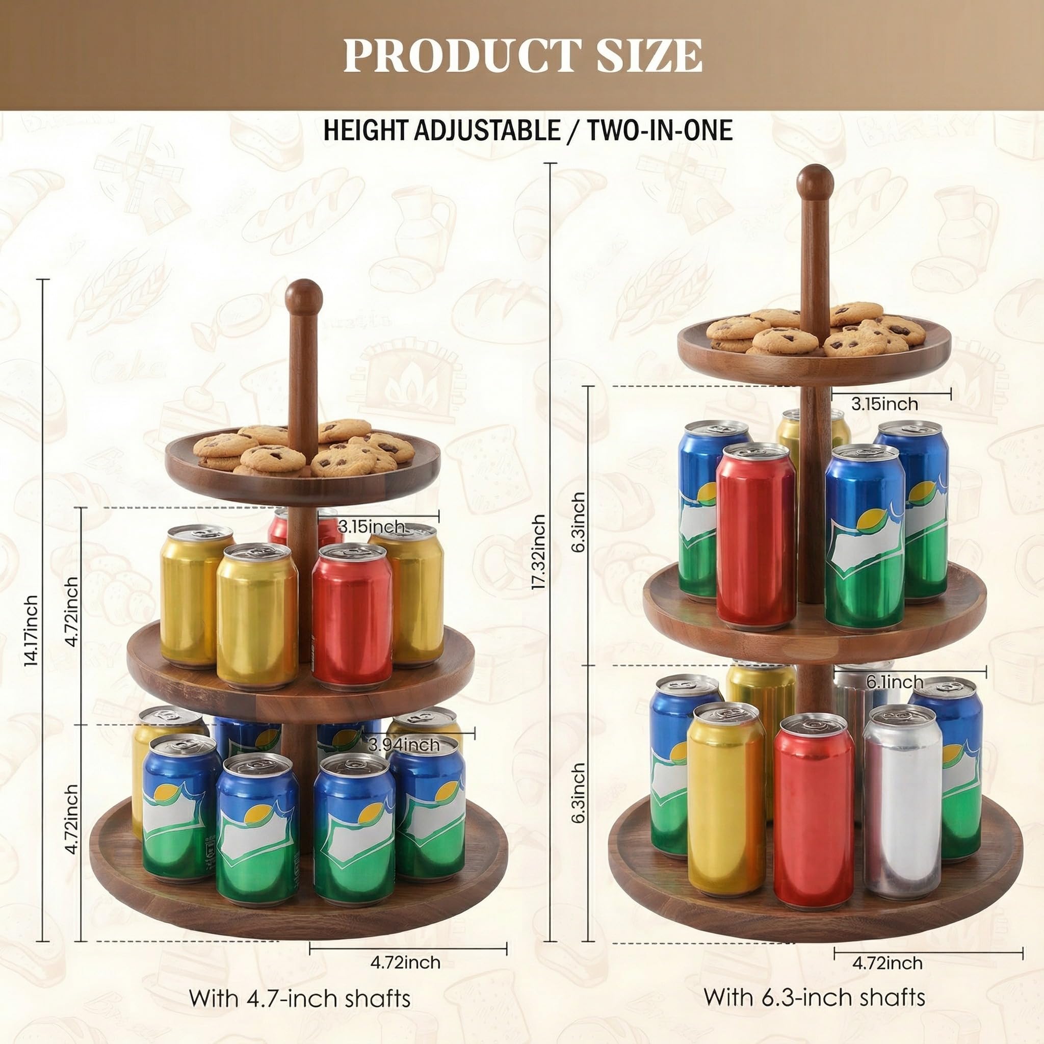 BURMAN acacia wood shafts provide sturdy support for tiered displays.
