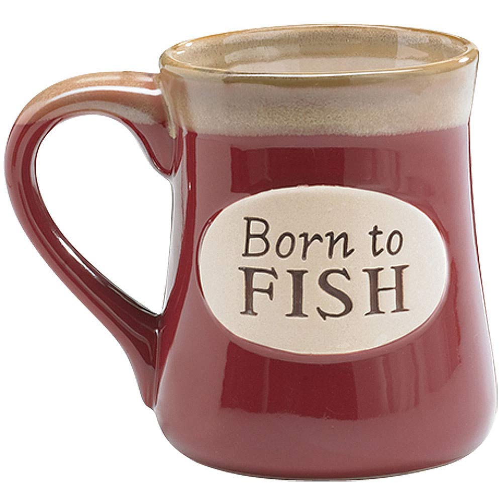 Burton+BURTON Born to Fish mug, front view with fishing motif for daily motivation.