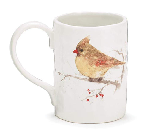 Burton + BURTON Cardinals Winter Blessings mug side view featuring cardinals on snowy branches for winter warmth.