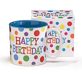 Burton-Burton Happy Birthday polka-dot mug featuring a bright blue interior, ideal for birthday mornings.