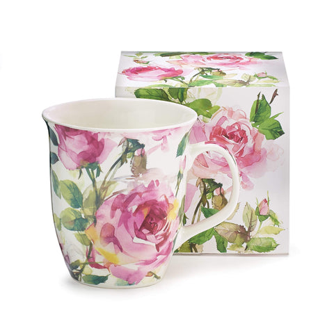 Burton & Burton porcelain mug with pink roses design, ideal for daily tea or coffee.