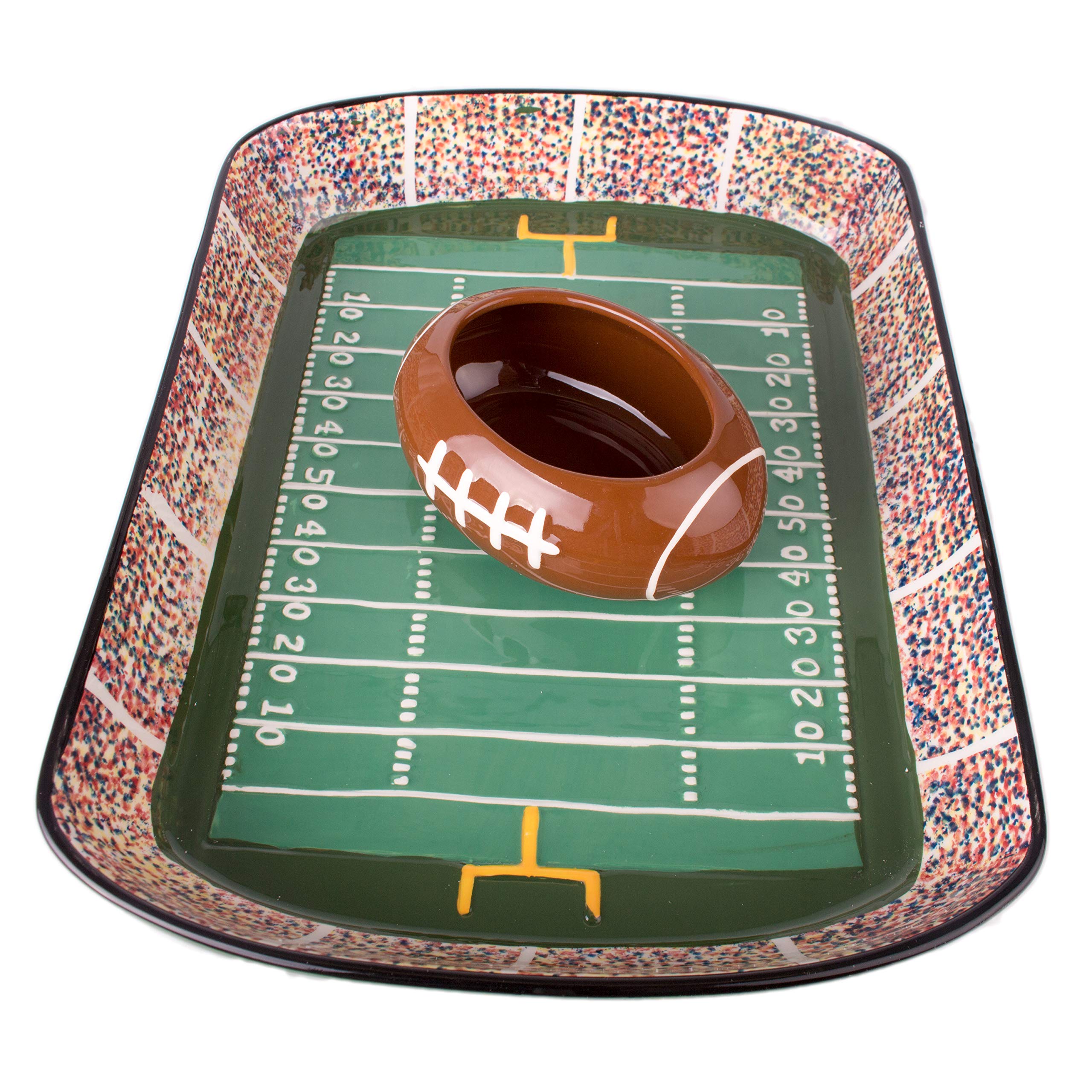 Close-up of Burton football-shaped dip dish showing hand-painted details