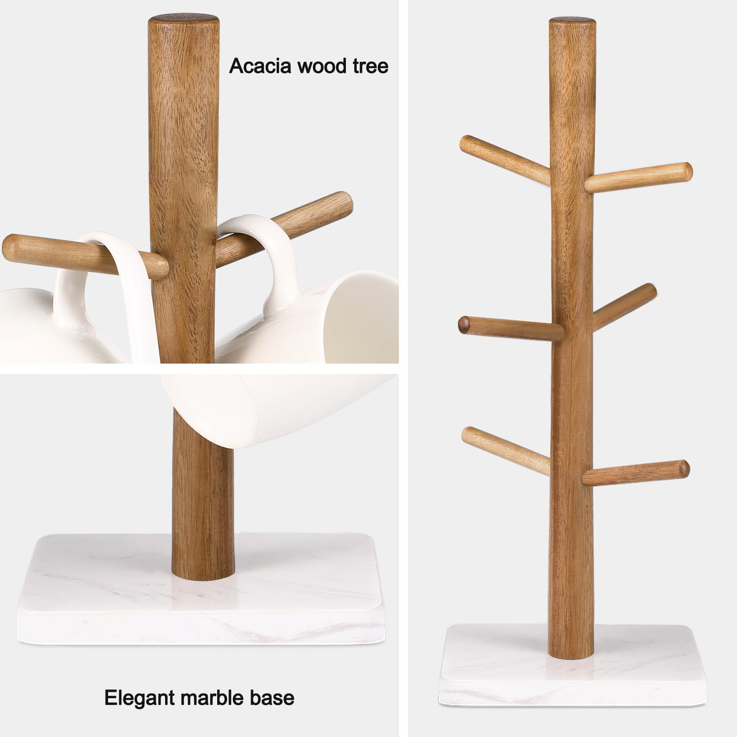 Buruis elegant mug tree design displays mugs neatly on the counter.