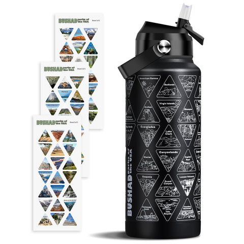 BUSHAD National Parks bottle front view shows 32oz capacity for all-day hydration