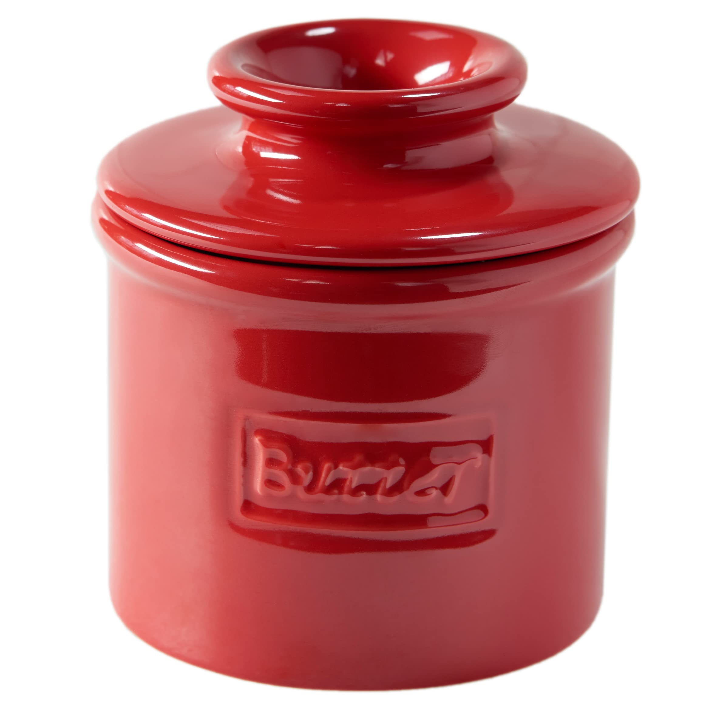 Butter Bell crock in maraschino red glossy finish keeps butter fresh on the counter
