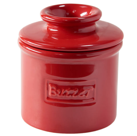 Butter Bell crock in maraschino red glossy finish keeps butter fresh on the counter