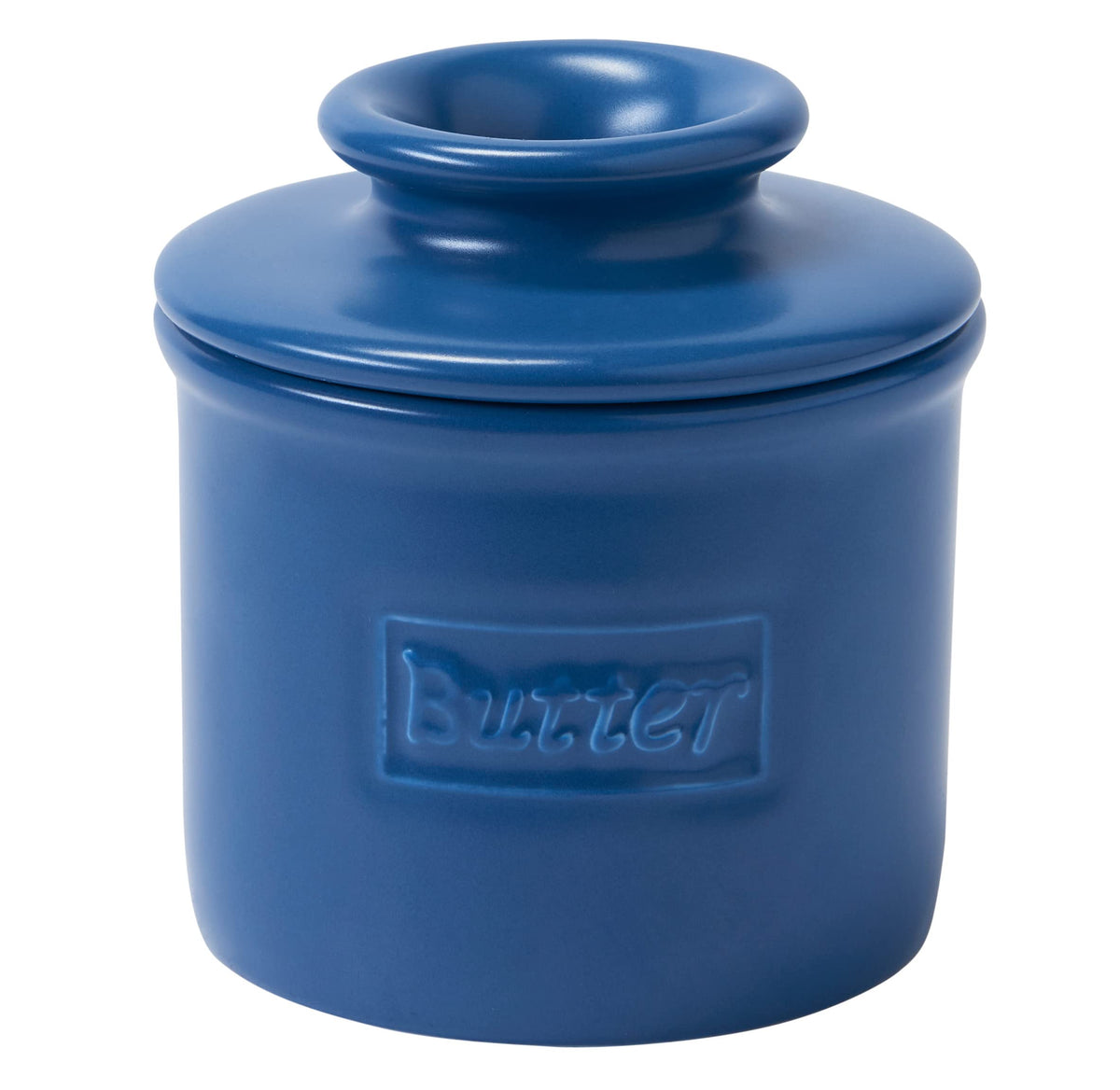 Butter Bell Crock Navy Matte front view shows butter soft and easy to spread.