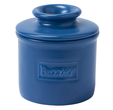 Butter Bell Crock Navy Matte front view shows butter soft and easy to spread.