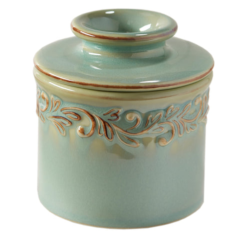 Butter Bell Crock Sea Spray on countertop shows ready-to-spread butter and vintage appeal.