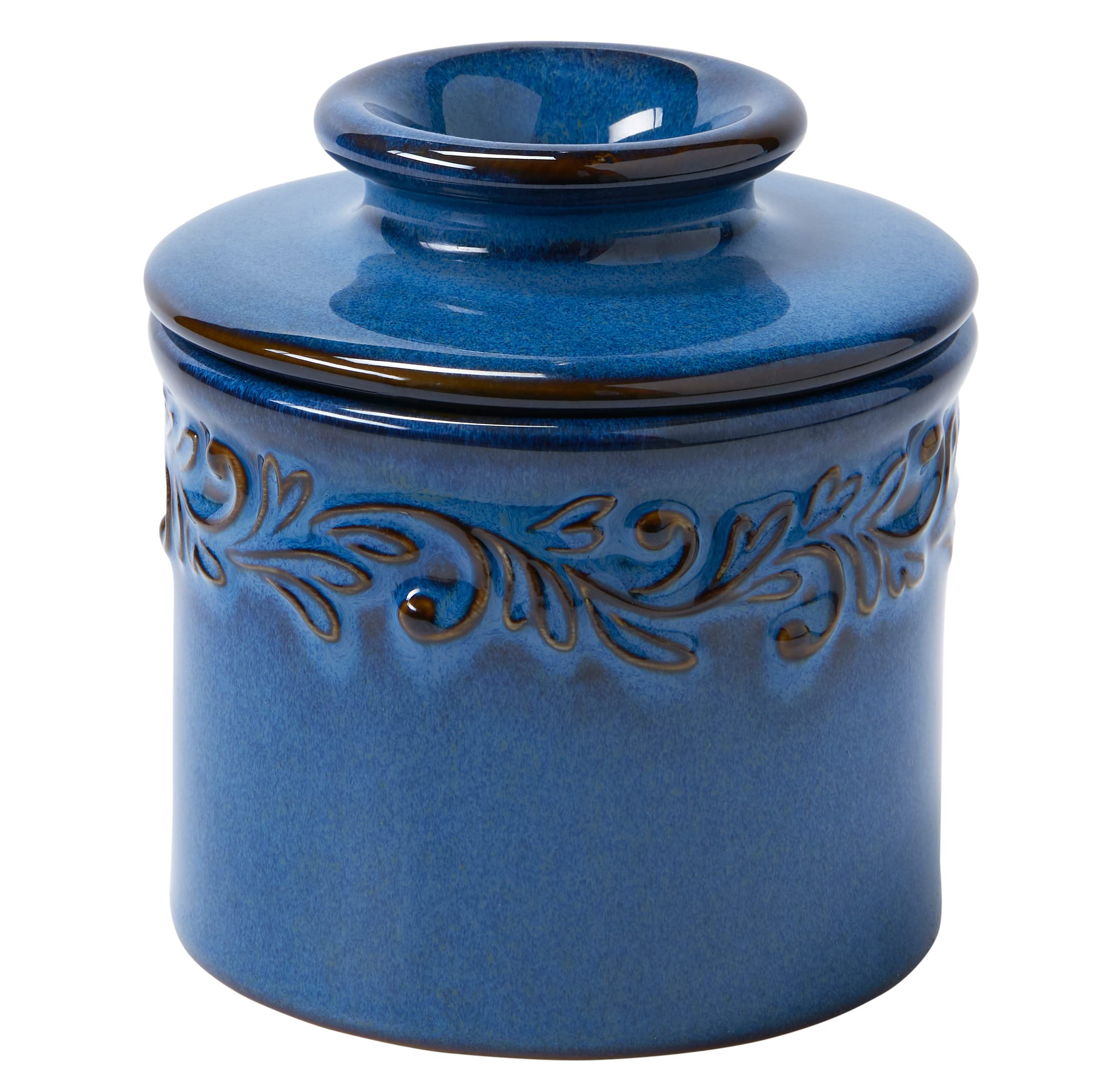 Butter Bell denim blue crock front view highlights Provencal design and convenient butter access