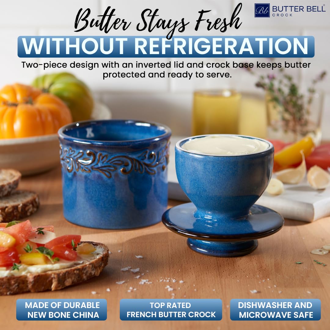 Butter Bell denim blue crock side view emphasizes sturdy countertop usability