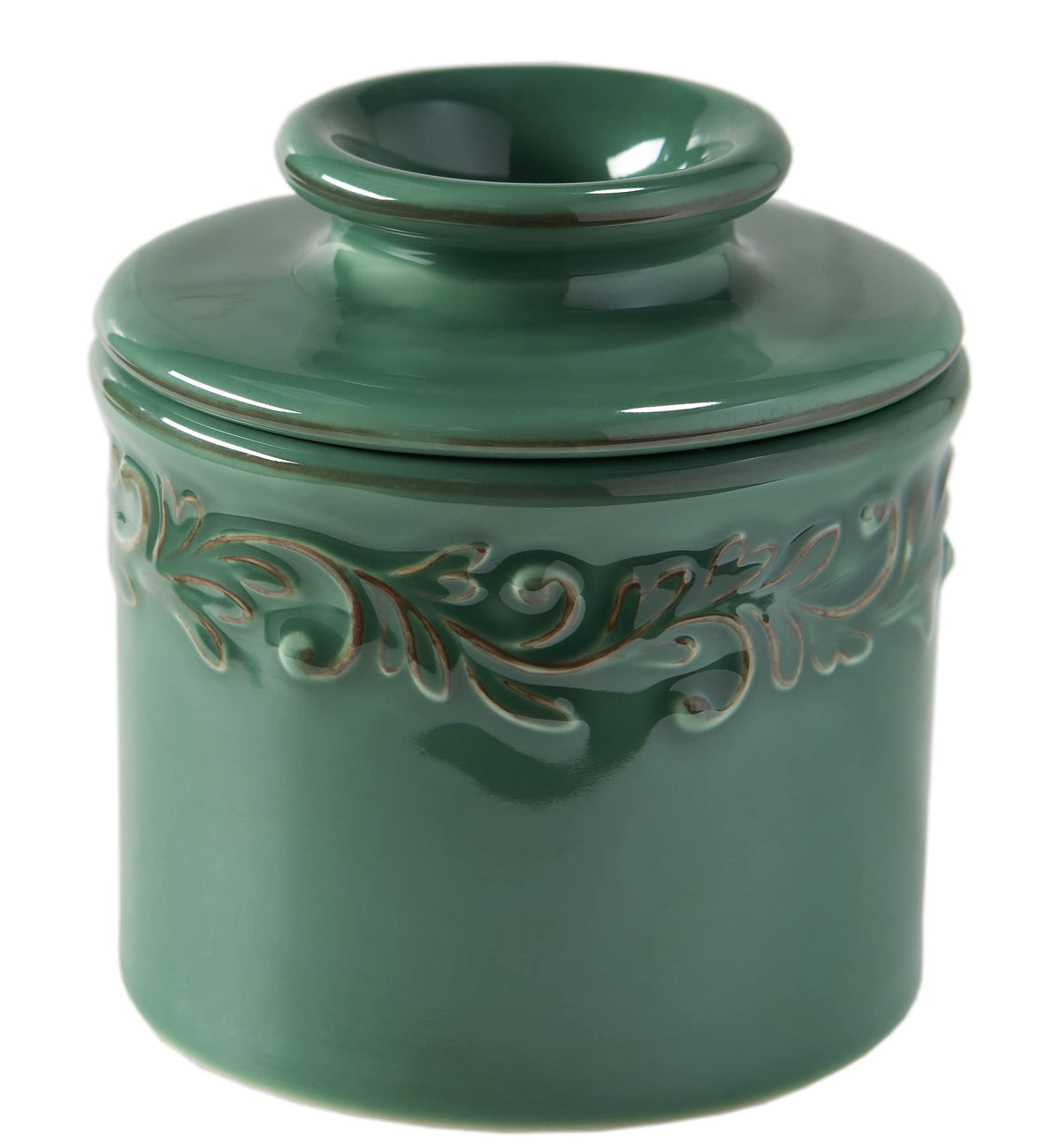 Butter Bell Emerald crock on countertop preserves spreadability with water-seal design