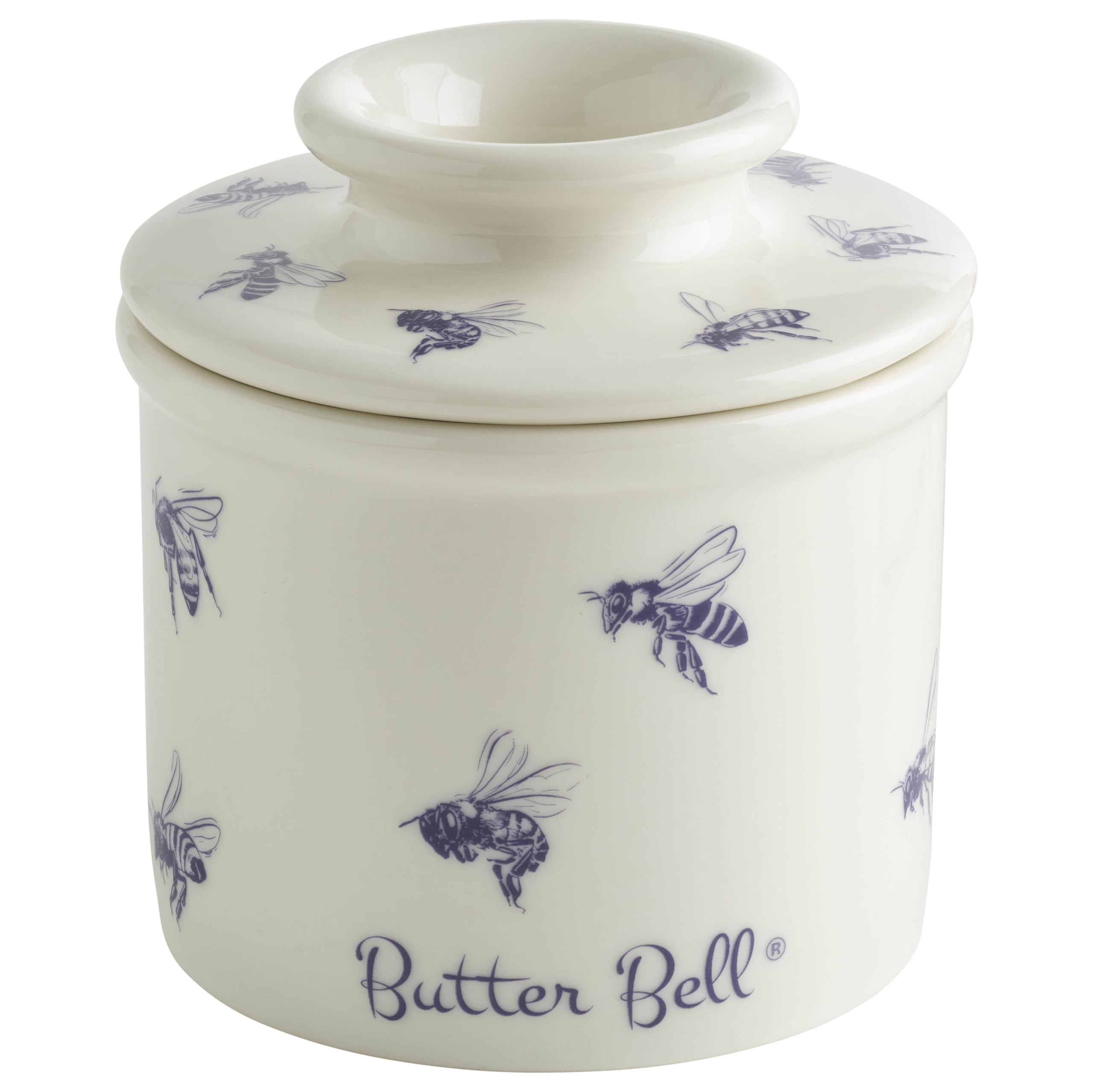 Butter Bell honey-bee-pattern base on a countertop offering easy butter access.