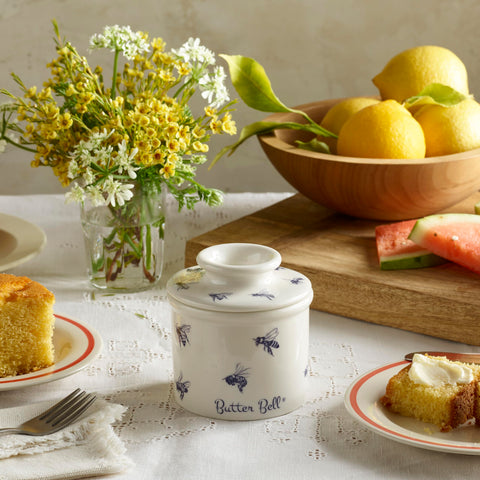 Butter Bell honey-bee-pattern lid showcasing cohesive kitchen style and contoured serving.