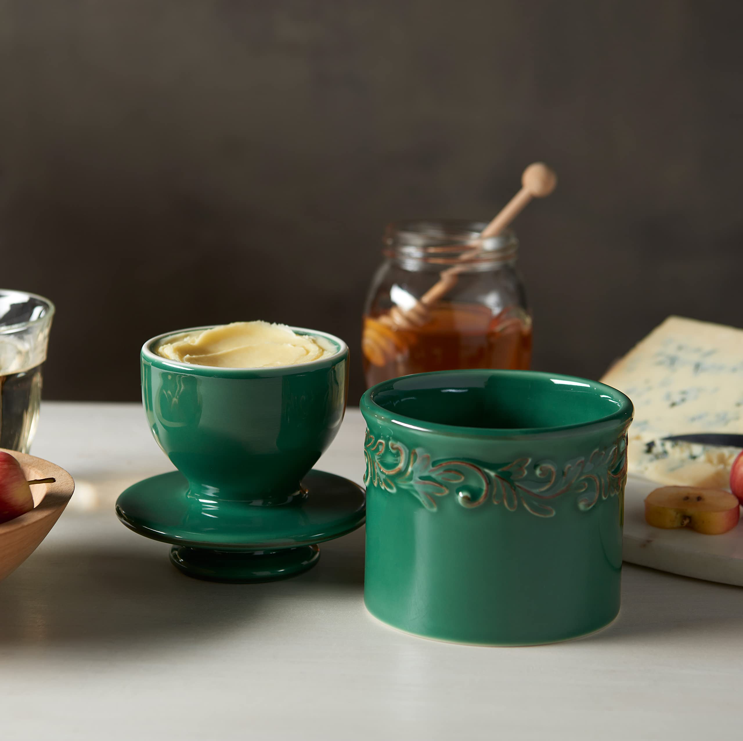 Butter Bell lid filled with butter demonstrates easy three-step storage