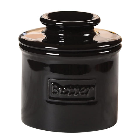 Butter Bell midnight black crock on counter keeps butter ready to spread.