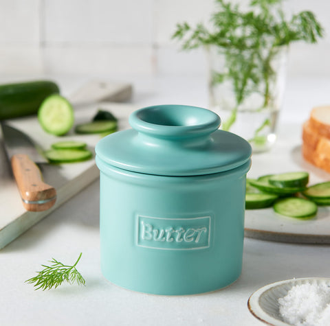 Butter Bell Original Aqua base shown with water-seal to preserve spreadable butter